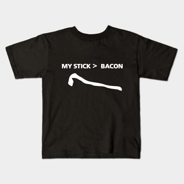 My Stick Is Greater Than Bacon Kids T-Shirt by MartianInk